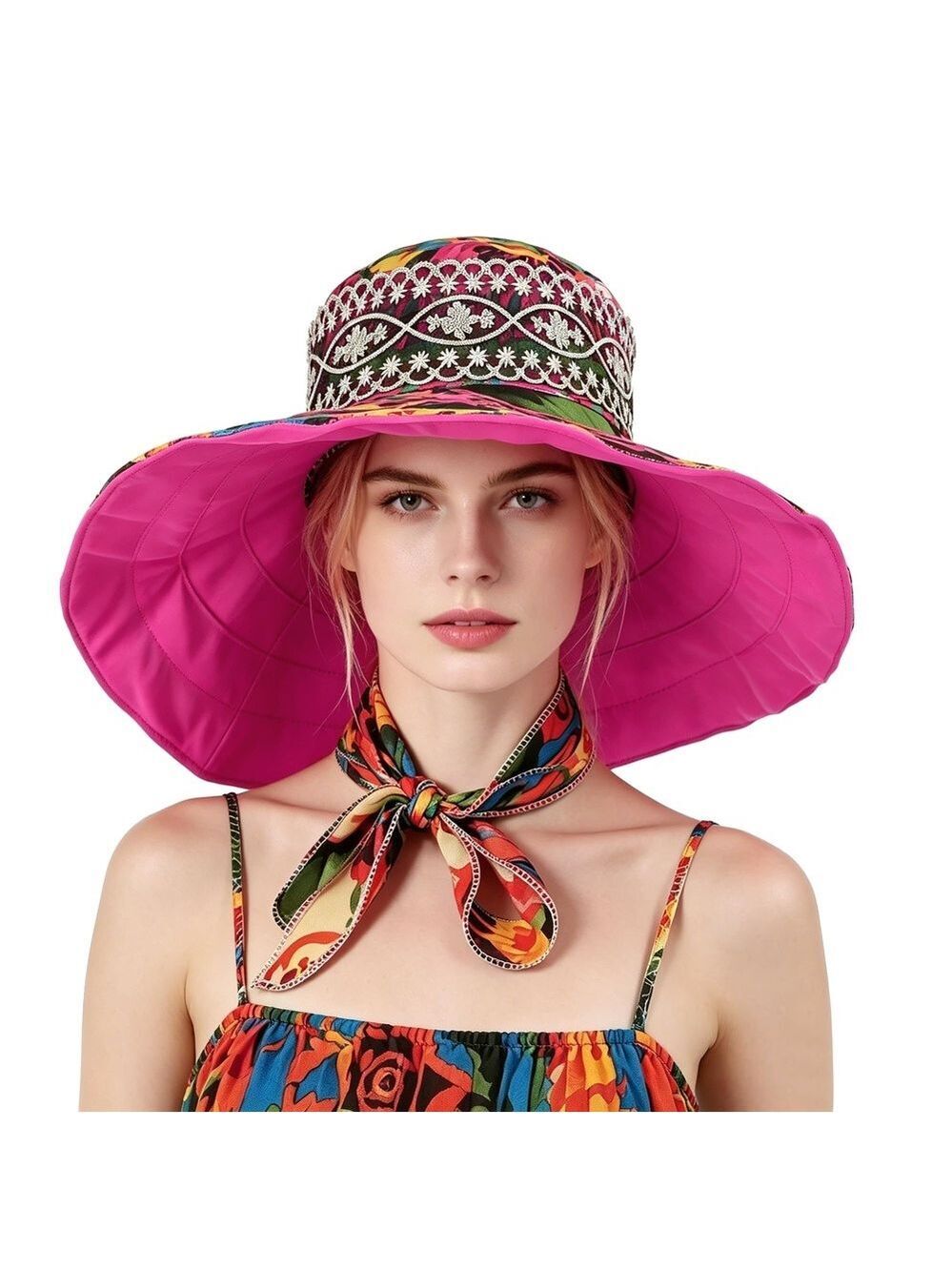 Women's Foldable Floppy Sun Hats Reversible Vacation Beach | Rose Red | Size OS - Picture 2 of 12
